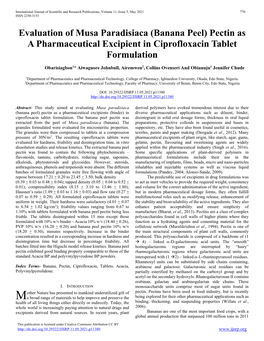 Evaluation of Musa Paradisiaca (Banana Peel) Pectin As a Pharmaceutical Excipient in Ciprofloxacin Tablet Formulation