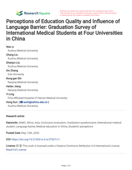 Graduation Survey of International Medical Students at Four Universities in China