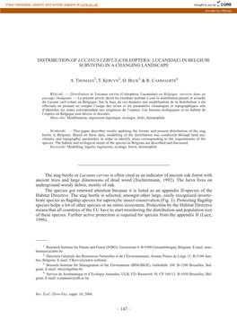 Distribution of Lucanus Cervus (Coleoptera: Lucanidae) in Belgium: Surviving in a Changing Landscape