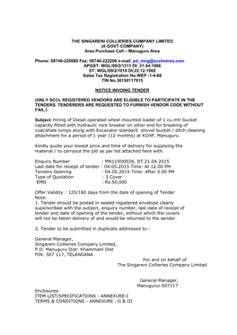 THE SINGARENI COLLIERIES COMPANY LIMITED (A GOVT COMPANY) Area Purchase Cell – Manuguru Area Phone: 08746-220080 Fax: 08746-22