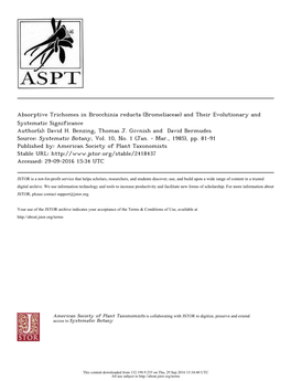 Absorptive Trichomes in Brocchinia Reducta (Bromeliaceae) and Their Evolutionary and Systematic Significance Author(S): David H