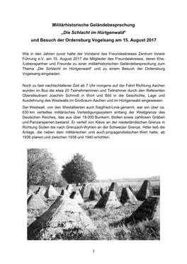 Militärhistorische Geländebesprechung „Die Schlacht Im Hürtgenwald“ Und Besuch Der Ordensburg Vogelsang Am 15. August 2017