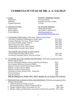 Curriculum Vitae of Dr. A. A. Salman