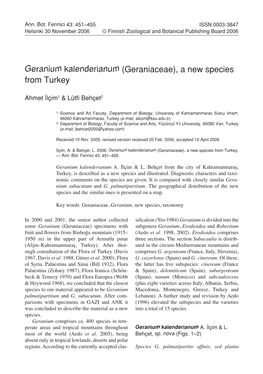 Geranium Kalenderianum (Geraniaceae), a New Species from Turkey