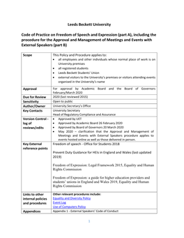 Leeds Beckett University Code of Practice on Freedom of Speech and Expression (Part A), Including the Procedure for the Approval