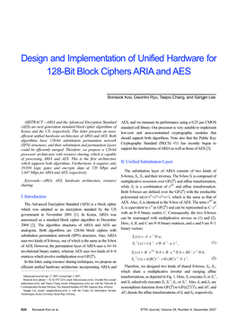 Design and Implementation of Unified Hardware for 128-Bit Block Ciphers ARIA and AES