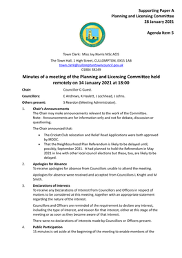 Minutes of a Meeting of the Planning and Licensing Committee Held Remotely on 14 January 2021 at 18:00 Chair: Councillor G Guest