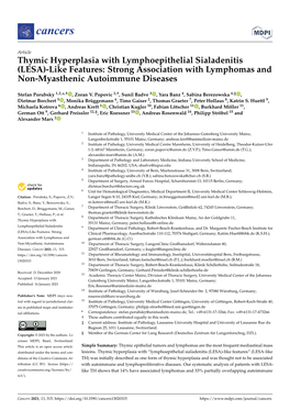 Thymic Hyperplasia with Lymphoepithelial Sialadenitis (LESA)-Like Features: Strong Association with Lymphomas and Non-Myasthenic Autoimmune Diseases