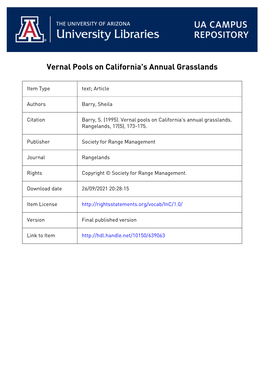 Vernal Pools on California's Annual Grasslands