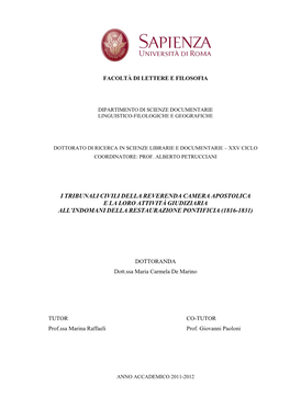 I Tribunali Civili Della Reverenda Camera Apostolica E La Loro Attività Giudiziaria All’Indomani Della Restaurazione Pontificia (1816-1831)