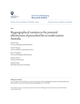 Biogeographical Variation in the Potential Effectiveness of Prescribed Fire in South-Eastern Australia Owen F