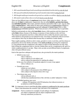 English 436 Structure of English Complements