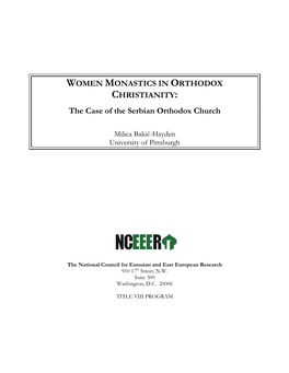 WOMEN MONASTICS in ORTHODOX CHRISTIANITY: the Case of the Serbian Orthodox Church