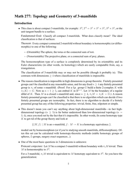 Math 277: Topology and Geometry of 3-Manifolds