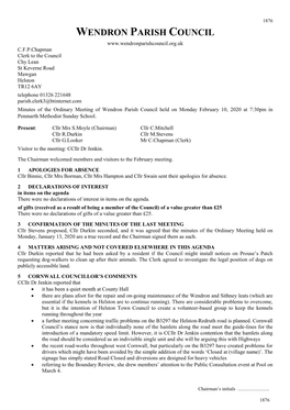 Minutes of the Ordinary Meeting of Wendron Parish Council Held on Monday February 10, 2020 at 7:30Pm in Penmarth Methodist Sunday School