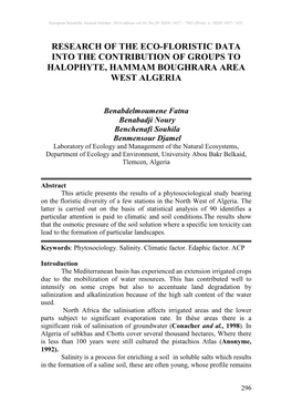 Research of the Eco-Floristic Data Into the Contribution of Groups to Halophyte, Hammam Boughrara Area West Algeria