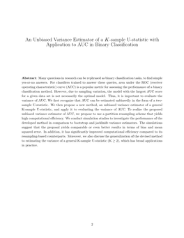 An Unbiased Variance Estimator of a K-Sample U-Statistic with Application to AUC in Binary Classiﬁcation
