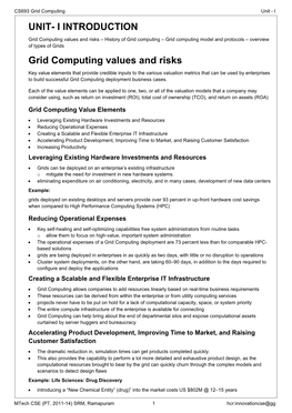 UNIT- I INTRODUCTION Grid Computing Values and Risks