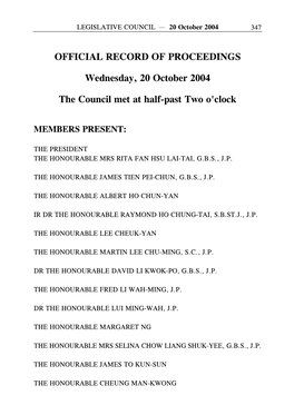 Wednesday, 20 October 2004 the Council Met at Half-Past Two O'clock