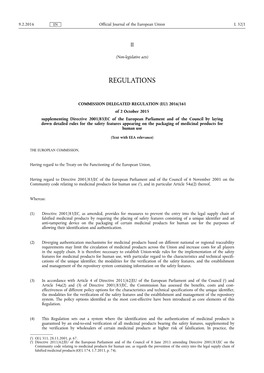 Commission Delegated Regulation (EU) 2016/161 of 2 October 2015