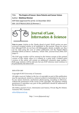 Gene Patents and Cancer Voices Author: Matthew Rimmer EAP Date (Approved for Print): 11 December 2013 DOI: 10.5778/JLIS.2013.22.Rimmer.1