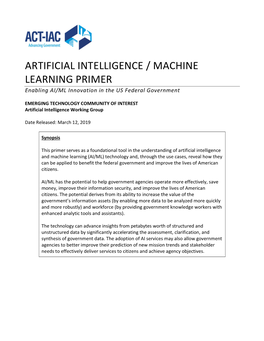 ARTIFICIAL INTELLIGENCE / MACHINE LEARNING PRIMER Enabling AI/ML Innovation in the US Federal Government