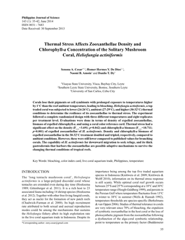 Thermal Stress Affects Zooxanthellae Density and Chlorophyll-A Concentration of the Solitary Mushroom Coral, Heliofungia Actiniformis