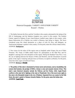 Historical Geography: VARSITY and JUNIOR VARSITY Round 1 ­ Prelims