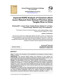 Improved RAPD Analysis of Canarium Album (Lour.) Raeusch from Sichuan Province Along Yangtze River in China