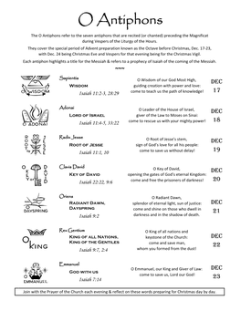 O Antiphons the O Antiphons Refer to the Seven Antiphons That Are Recited (Or Chanted) Preceding the Magnificat During Vespers of the Liturgy of the Hours