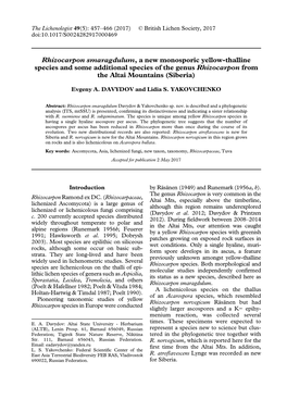 Rhizocarpon Smaragdulum, a New Monosporic Yellow-Thalline Species and Some Additional Species of the Genus Rhizocarpon from the Altai Mountains (Siberia)