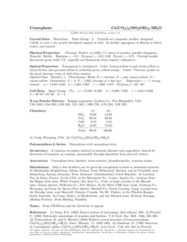 Uranophane Ca(UO2)2(Sio3oh)2 ² 5H2O C 2001 Mineral Data Publishing, Version 1.2 ° Crystal Data: Monoclinic