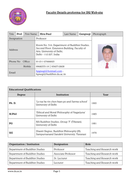 Faculty Details Proforma for DU Web-Site