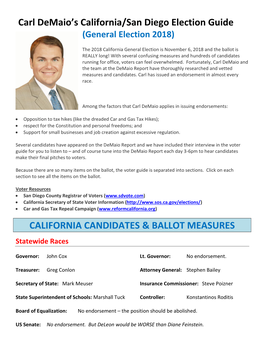 Carl Demaio's California/San Diego Election Guide CALIFORNIA