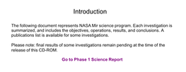 Phase 1 Science Report Contents