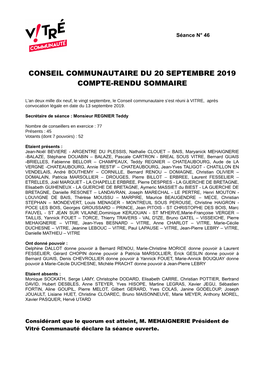 Conseil Communautaire Du 20 Septembre 2019 Compte-Rendu Sommaire