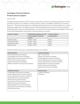 Huntington Financial Advisors Product Sponsor Support
