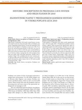 Historic Inscriptions in Predjama Cave System and High Floods in 2010 Zgodovinski Napisi V Predjamskem Jamskem Sistemu in Visoke Poplave Leta 2010