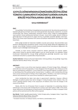 12 Eylül Döneminden Gümrük Birliği Üyeliğine Türkiye Cumhuriyeti Hükümetlerinin Avrupa Birliği Politikalarina Genel Bir Bakiş