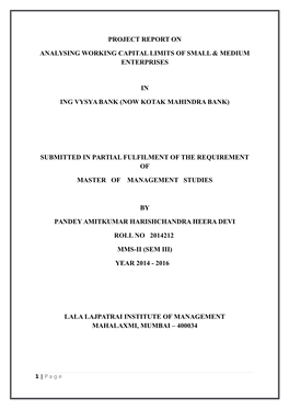 Project Report on Analysing Working Capital Limits of Small & Medium Enterprises in Ing Vysya Bank (Now Kotak Mahindra Bank)