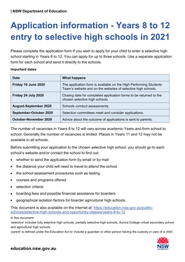 Selective High Schools Years 8 to 12 Application Information Enquiries