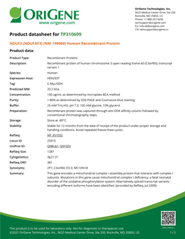 NDUF3 (NDUFAF3) (NM 199069) Human Recombinant Protein Product Data