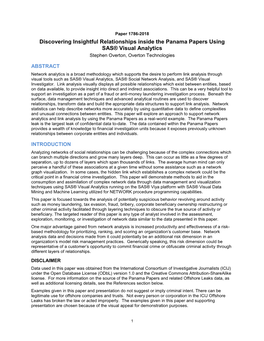 Discovering Insightful Relationships Inside the Panama Papers Using SAS® Visual Analytics Stephen Overton, Overton Technologies