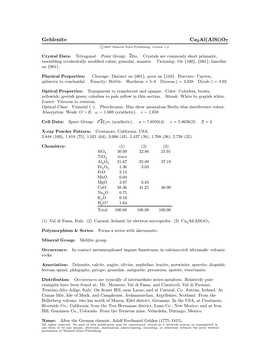 Gehlenite Ca2al(Alsi)O7 C 2001 Mineral Data Publishing, Version 1.2 ° Crystal Data: Tetragonal