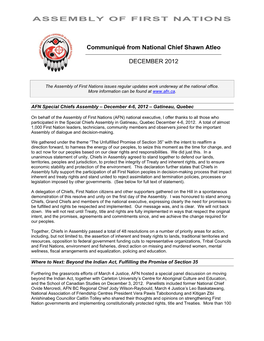 ASSEMBLY of FIRST NATIONS Communiqué from National Chief