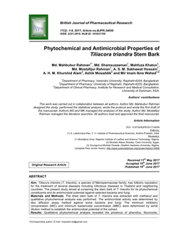 Phytochemical and Antimicrobial Properties of Tiliacora Triandra Stem Bark