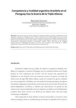 Competencia Y Rivalidad Argentino-Brasileña En El Paraguay Tras La Guerra De La Triple Alianza