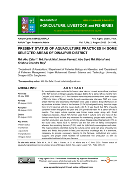 Present Status of Aquaculture Practices in Some Selected Areas of Dinajpur District
