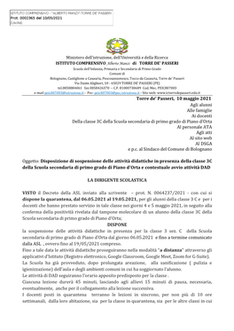 Torre De' Passeri, 10 Maggio 2021 Agli Alunni Alle Famiglie Ai Docenti Della Classe 3C Della Scuola Secondaria Di Primo Grado