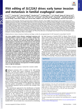 RNA Editing of SLC22A3 Drives Early Tumor Invasion and Metastasis In